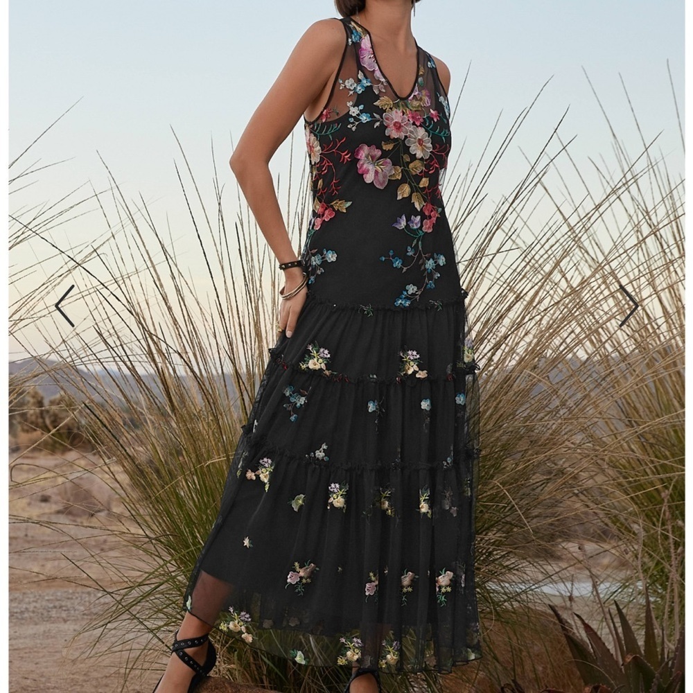 Johnny Was embroidered black mesh sleeveless maxi dress with colorful flowers
